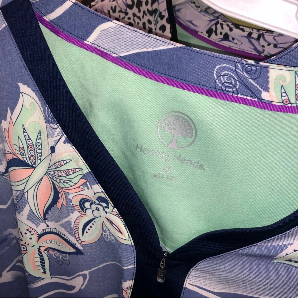 Healing Hands Purple Label Yoga Zip V-Neck blue butterfly pattern scrub top - Picture 8 of 10